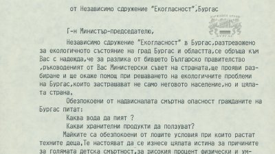 Апел-предупреждение от Независимо сдружение Екогласност – Бургас до председателя на МС Андрей Луканов за оказване на помощ при решаването на екологичните проблеми на Бургас. 26 февруари 1990 г. 
