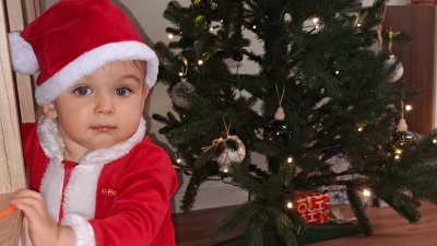Малкият Михаил позира до елхата облечен с костюм като джуджетата на Дядо Коледа