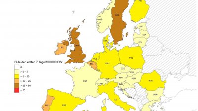 Графиката показва в коя зона попадат страните в Европа, според броя заболели. Снимка Институт Роберт Кох