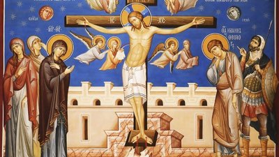 Нарамен с тежък кръст от преторията на Пилата, Христос бил поведен към Голгота на разпятие