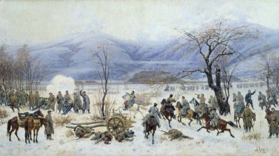 В художествената галерия е подредена изложба с репродукции на руски автори със сцени от войната