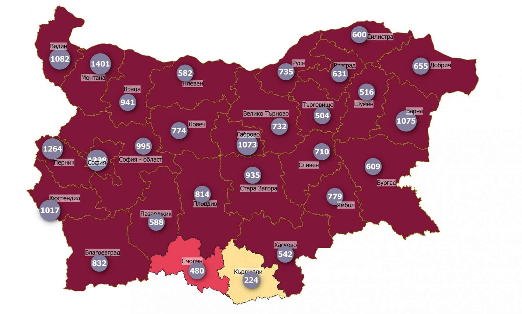 Така изглежда картата на България по брой заразени на 100 000 население в отделните области. Графика НЦЗПБ