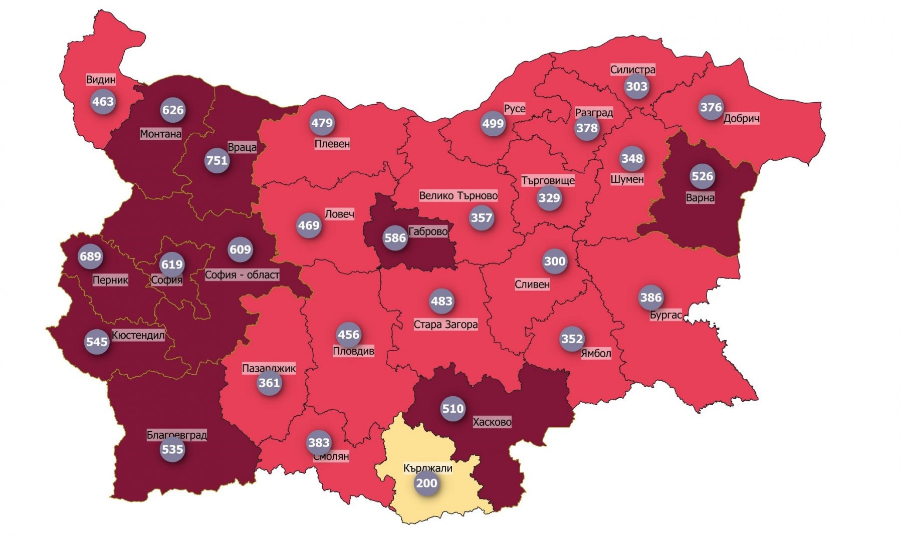 По-голямата част от страната вече е в червената зона по брой случаи на 100 000 население. Графика НЦЗПБ
